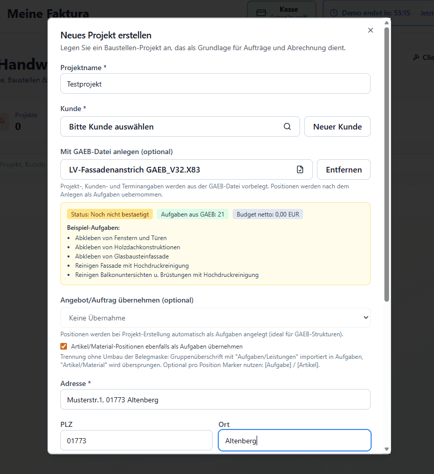 Projektanlage über GAEB-Import